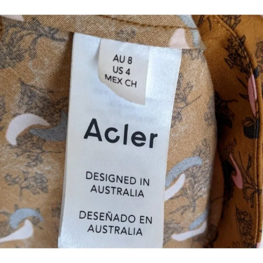 Acler Dorset Mini Dress Long Puff Sleeves Rouched Silk Blend Brown Pink Size 8 - Picture 9 of 10